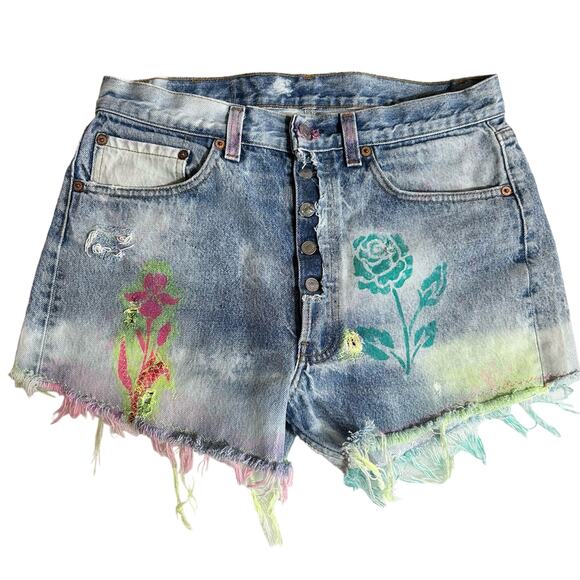 Vintage Levis 501 Reworked Distressed Cutoff Festival Shorts Size M OOAK USA - Picture 1 of 16